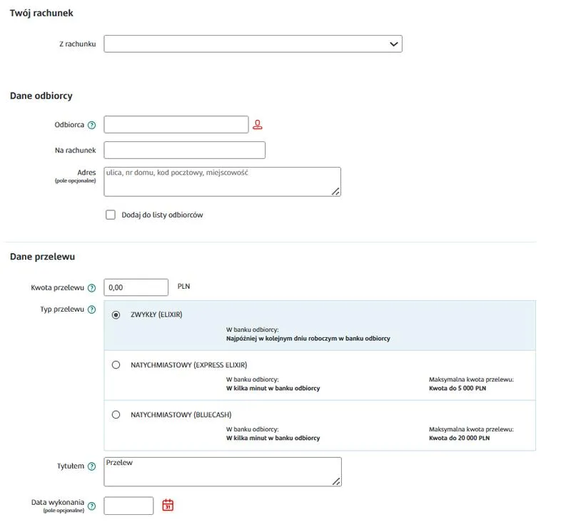 Wypełnianie formularza przelewu online